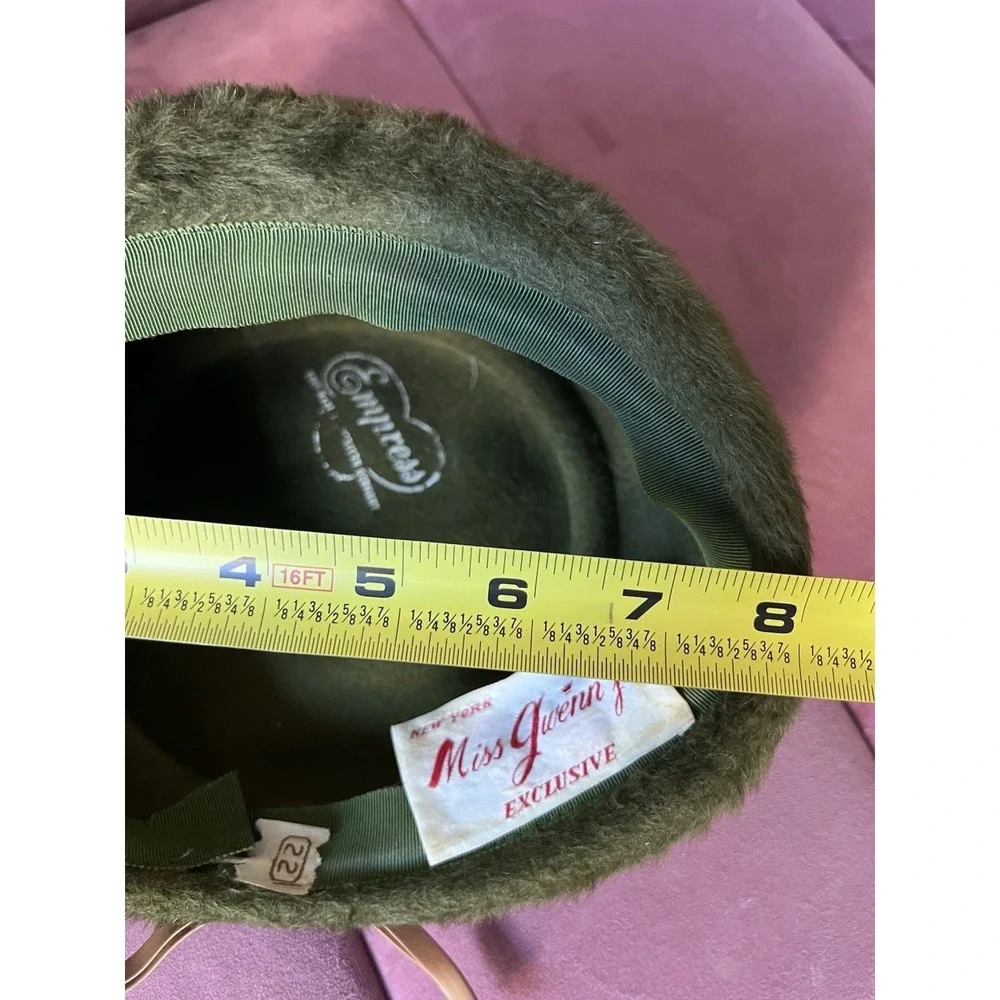 Vintage‎ Miss Gwenn Jr Olive Green Faux Fur Pillbox Hat Satin Bow 1960s Retro 22